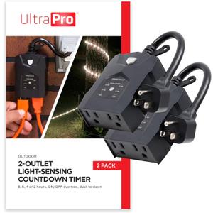 UltraPro Outdoor Dusk to Dawn Outlet Timer with Countdown, Dual Outlet Light Sensor Plug, 8/6/4/2 Hour Settings, WeatherResistant Seasonal & Landscape Lighting Control, 2 Pack, Black, 71070