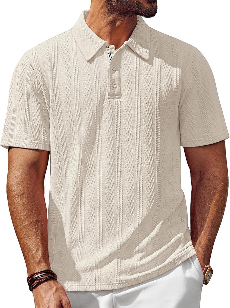 PJ PAUL JONES Mens Polo Shirts Short Sleeve Casual Textured Knit Polo Shirt for Men Golf Collared (Beige, L)