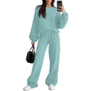 Women's 2 Piece Outfits Set Fleece Lined Lounge Sweatsuit Crewneck Pullover Top Wide Leg Pants Casual Tracksuit (Medium, Gray Green)