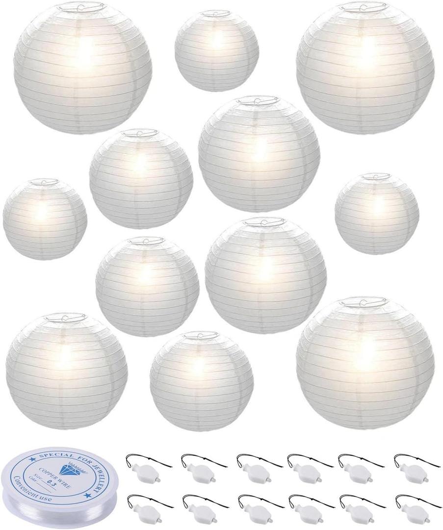 HAUSPROFI 12pcs White Paper Lanterns with LED Lights, Chinese Hanging Lanterns (6" 8" 10" 12") with Fishing Line, Paper Lanterns Decorations for Wedding Birthday Party Bridal Shower Home Outdoor Decor