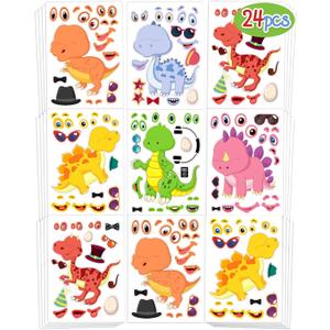 24 Pcs Make Your Own Dinosaur Sticker Sheets, Dinosaur Party Favors Face Stickers for Kids Boys Toddlers Crafts Activities Gift Bags Birthday Party Valentines Day Gifts for Kids Classroom