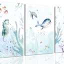 Wodkwq Ocean Nursery Decor,Nursery Wall Decor,Kids Bathroom Decor,Under The Sea,Boys Room Sea Animal Wall Art Picture Canvas Prints Set of 3,Bedroom 12x16 Inch Framed