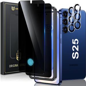 UniqueMe for Samsung Galaxy S25 6.2 inch Privacy Screen Protector,Ultrasonic Fingerprint Compatible[2+2 Pack] 9H Tempered Glass and Camera Lens Protector (Black)