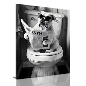 OIQArtOIQ Funny Bathroom Canvas Wall Art Black and White Wall Art Bull Dog On Toilet Reading Newspaper Animal Art Prints Artwork For Restroom, 16x24 in