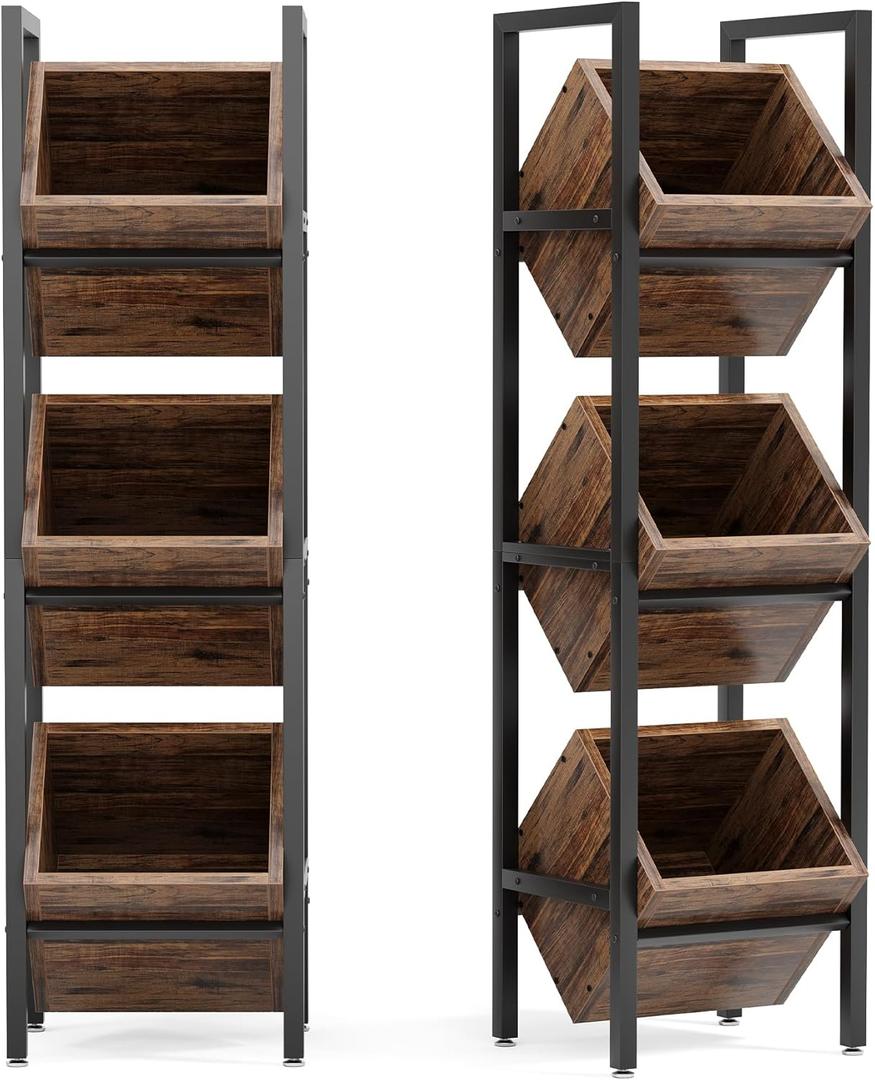 LITTLE TREE 3-Tier Basket Stand, Wooden Floor Stand Shelving Unit, Rustic Standing Organizer Storage Rack for Kitchen, Bathroom, Living Room (2, Rustic Brown)