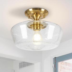Schoolhouse Style Light Fixture, 12" Brass Semi Flush Mount Ceiling Light with Seeded Glass Globe, Close to Ceiling Lights for Kitchen Hallway Entryway