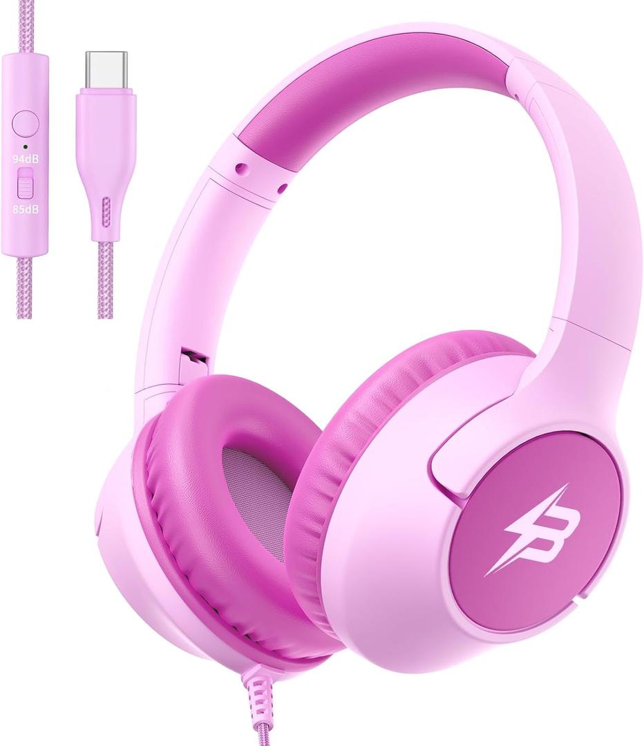Kids Headphones Wired with USB C Plug, 85/94 dB Volume Limit Foldable USB Type C Headphones for Kids Girls, Plug in Headphones Corded Over Ear Wired Headphones for School/Tablet/Travel, Fuscia Pink