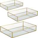 3 PCS Mirror Glass Vanity Tray Set, Golden Metal Edge Decorative Dresser Trays with Velvet Bottom, 3 Sizes Rectangular Makeup Perfume Jewelry Organizer for Bedroom Bathroom