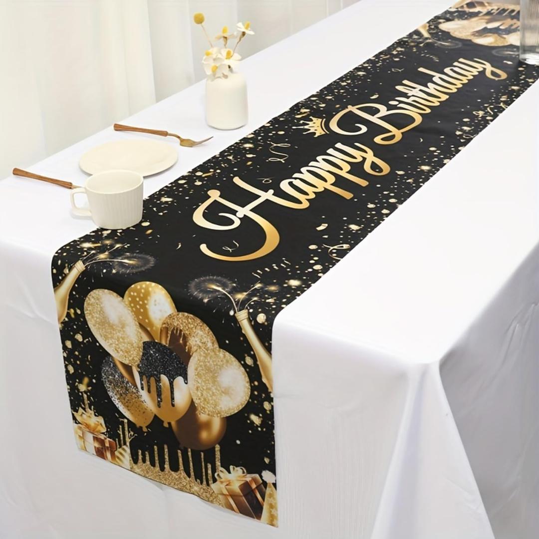 Black and Gold Happy Birthday Table Runner, 13 x 70 Inch Vintage Tablecloth Polyester Birthday Party Decorations for Home Kitchen