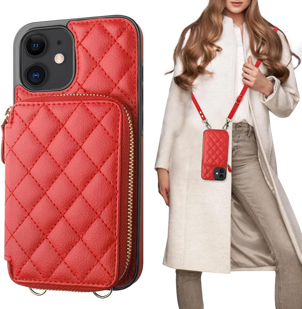 Bocasal Crossbody Wallet Case for iPhone 12/12 Pro, RFID Blocking PU Leather Zipper Handbag Purse Flip Cover, Kickstand Folio Case with Card Slots Holder Wrist Strap Lanyard 5G 6.1 Inch (Red)