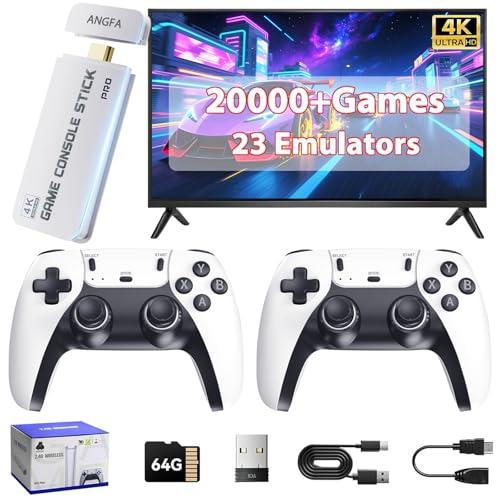 ANGFA 2026 NEW Wireless Retro Gaming Console Built-in 20,000+ Games and 23 Emulators, Plug & Play Retro Game Console Pro with HD 4K Output & Dual 2.4G Controllers, Nostalgic Gaming Stick (64-GB)