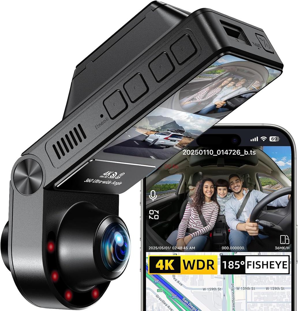 360 Camera for Car, 4K Dash Cam Front and Inside 2-Channel Dashcam 160+185 Ultra Wide Angle, 4K/2.5K WDR, IR Night Vision, WiFi & APP Control, GPS, G-Sensor, 64GB Card, Black GT820