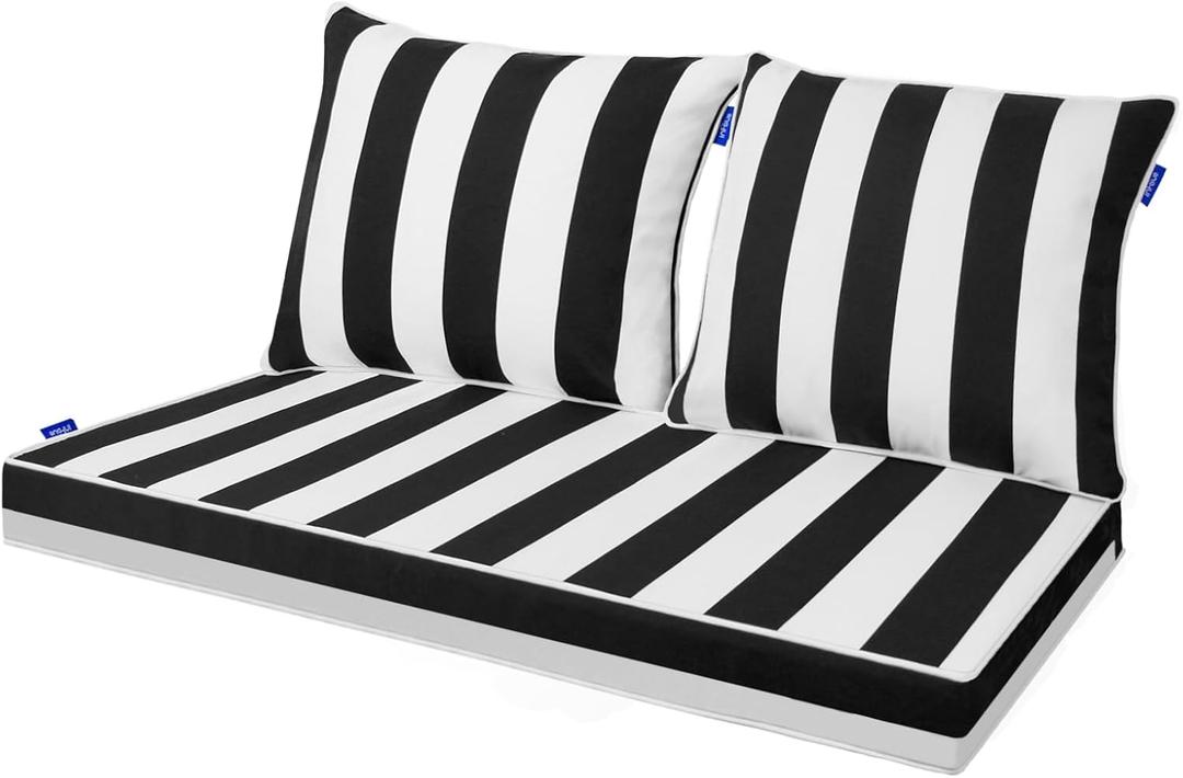 Outdoor Loveseat Cushion Set 46'' x 26'', Outdoor Deep Seat Cushions for Patio Furniture, Water Repellent Outdoor Seat Cushion and Couch Back Cushions for Bench, and Swing (Black Stripes) (46 x 26 x 4 In, Black Stripes)