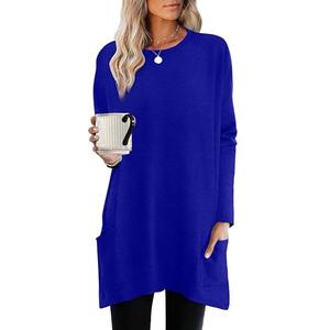 XIEERDUO Blue Tops for Women Business Casual Shirts High Low Hem Long Sleeve Tops Loose Fit Tunic Tops with Pockets 3XL