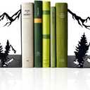 Matte Black Iron Heavy Duty Bookends - Laser-Engraved Mountain Design, Decorative Shelf Stoppers for Books, Space-Saving Desk Organizer (Modern, Rustic, Vintage Style)
