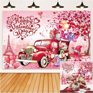 IADIUENOG Happy Love Day Pink Backdrop 8x6ft Red Truck Love Tree Anniversary Holiday Love Heart Balloon Romantic Lover Background Wedding Party Decorations