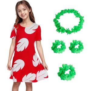 Hawaiian Red Dress for Cosplay Halloween Costume with Leaf Print Summer Beach Party Outfit (7-8Y)
