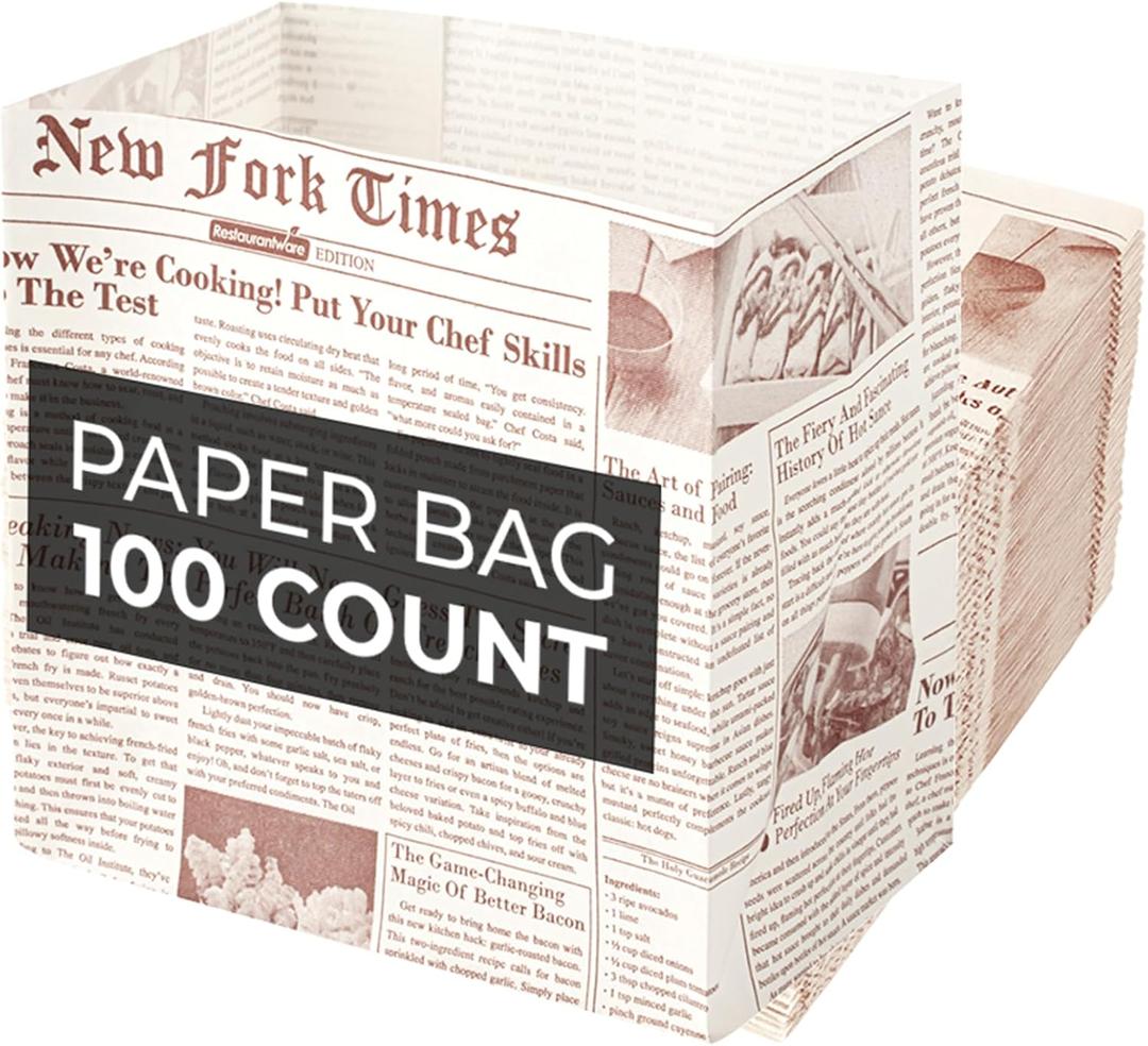 Restaurantware Bag Tek 4.3 x 2.5 x 3.8 Inch Treat Bags 100 Sturdy Take Out Bags - Flat Bottom Microwavable Sepia Newsprint Paper Snack Bags Freezable Great For Restaurants Cafes And Bakeries