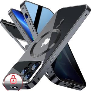 [Full Camera Protection& Mechanical Lock]Magnetic Privacy Case for iPhone 13 Pro Max[Compatible with MagSafe][CD Metal Ring]Full Body Shockproof Metal Bumper, 9H Anti Peeping Glass Cover-Black