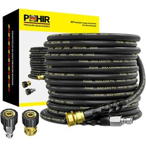 POHIR Pressure Washer Hose 50 ft with 3/8 Inch Quick Connect, Kink Resistant High Tensile Wire Braided, with 2 pcs M22 14mm Adapter Set, 4200 PSI Power Washer Hose