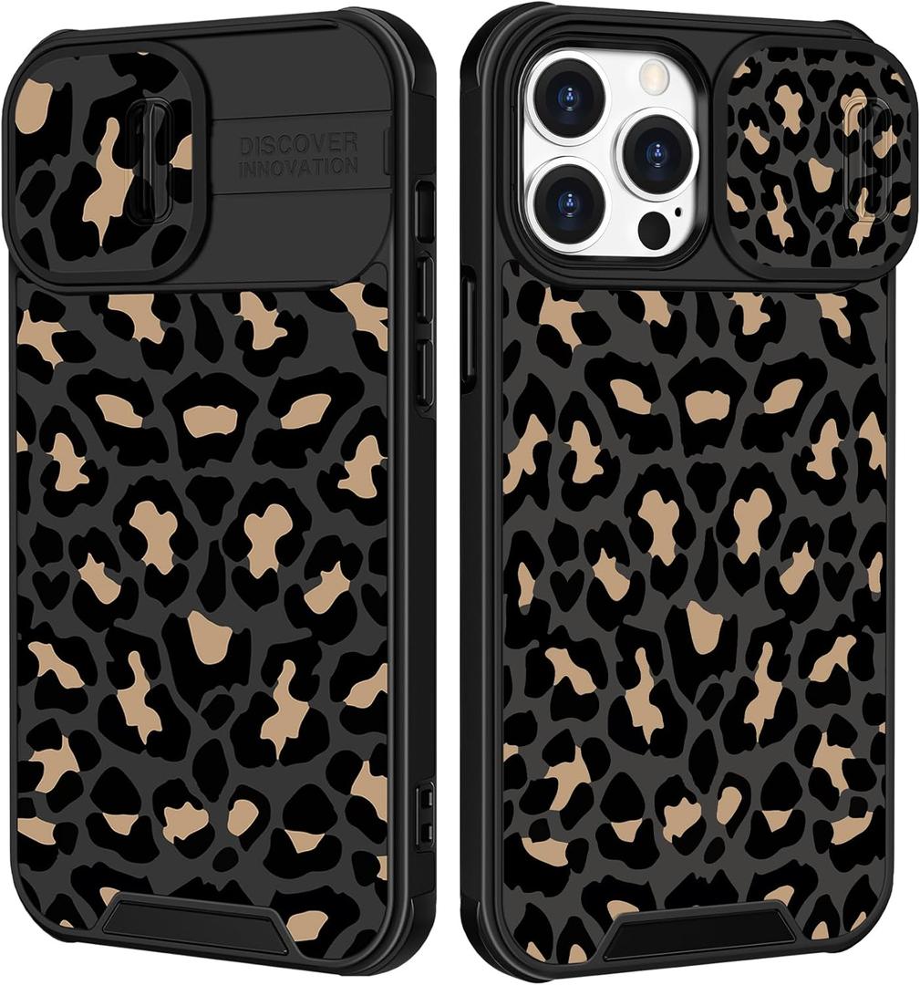 Goocrux Case for iPhone 12 Pro Max Black Luxury Phone Cover | 2in1, Leopard, for Women Girls, Cheetah Animal Print, Design, with Slide Camera Cover, Ring Holder, Pattern, Cute Cases, 6.7''