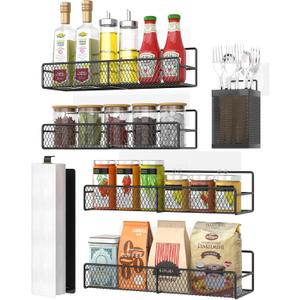 DTUQTX Spice Rack Wall Mounted 6 Pack: 100% Metal & Strong Adhesive Spice Organization for Kitchen Cabinet/Pantry Door, No Drill Hanging Seasoning Organizer with Paper Towel Holder, Utensil Caddy