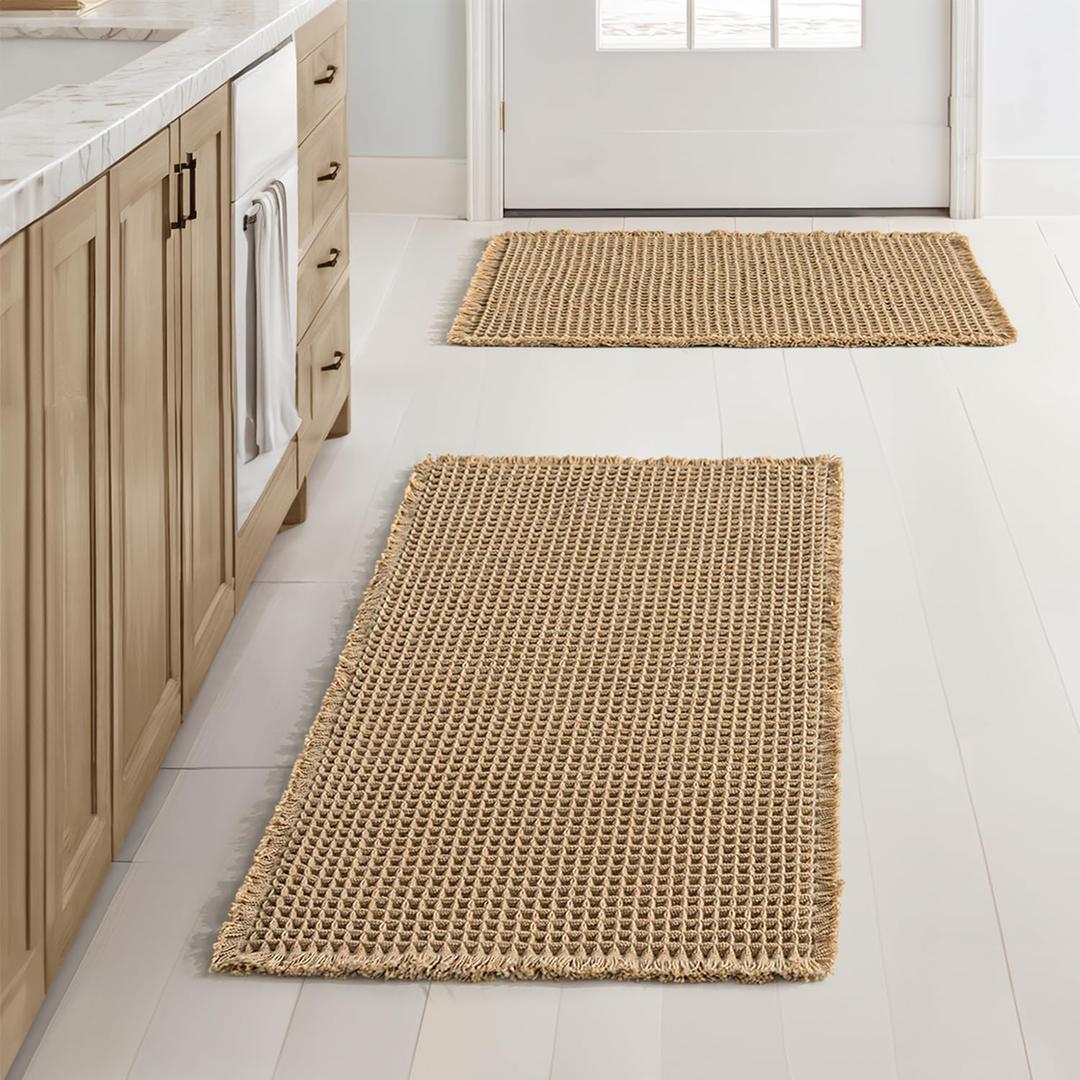 MIULEE Set of 2 Waffle Bathroom Rugs, Boho Bath Rugs Non Slip Washable, Super Absorbent Bath Mats, Ultra Soft Rubber Backed Shower Mats for Bathroom Floor, Tub and Shower, Brown, 17x24 Inch