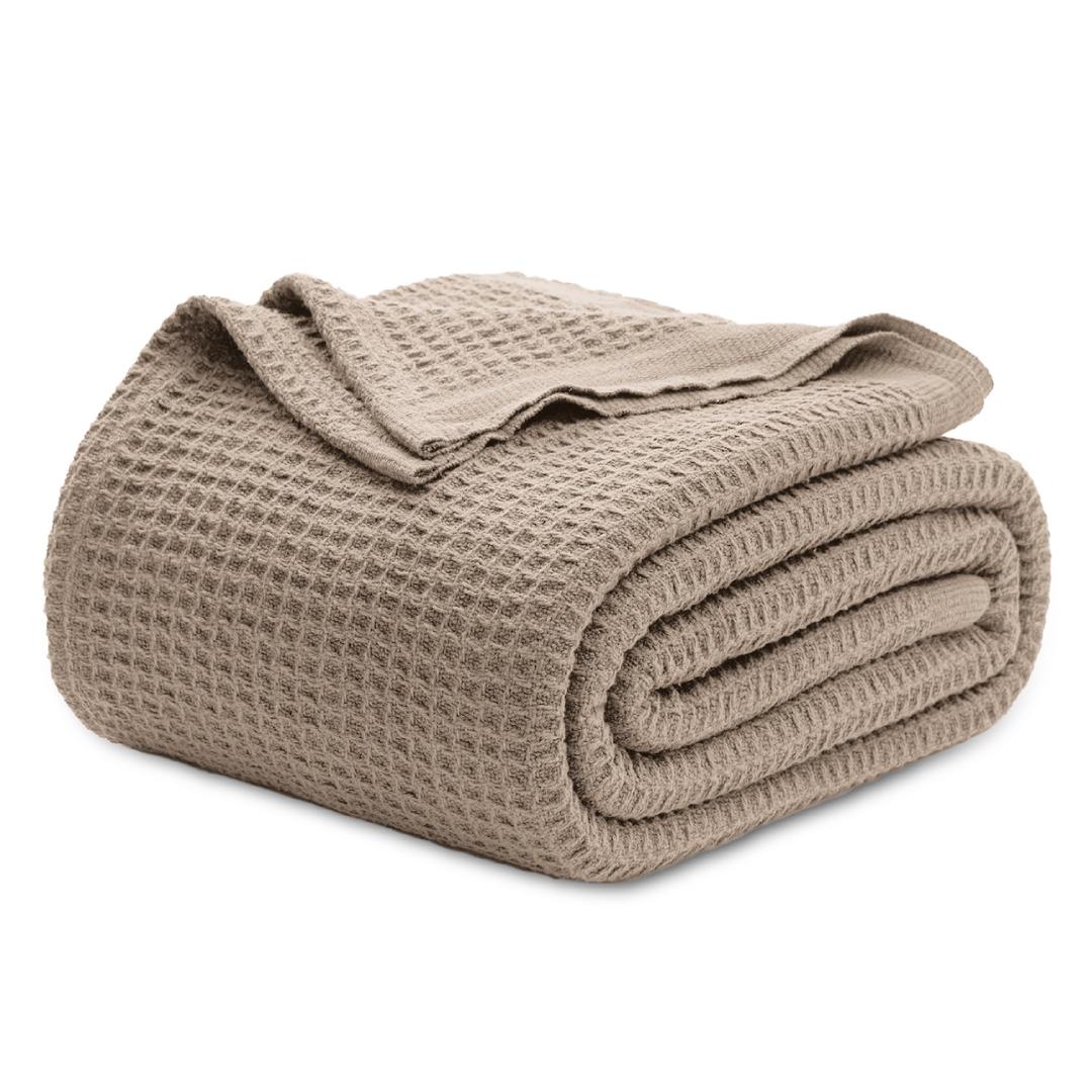 Bedsure 100% Cotton Big Blanket Oversized King for Bed - Large Breathable Thick Cooling Waffle Weave Blanket for Summer, Couch Cover, Light Brown, 120x94 inches
