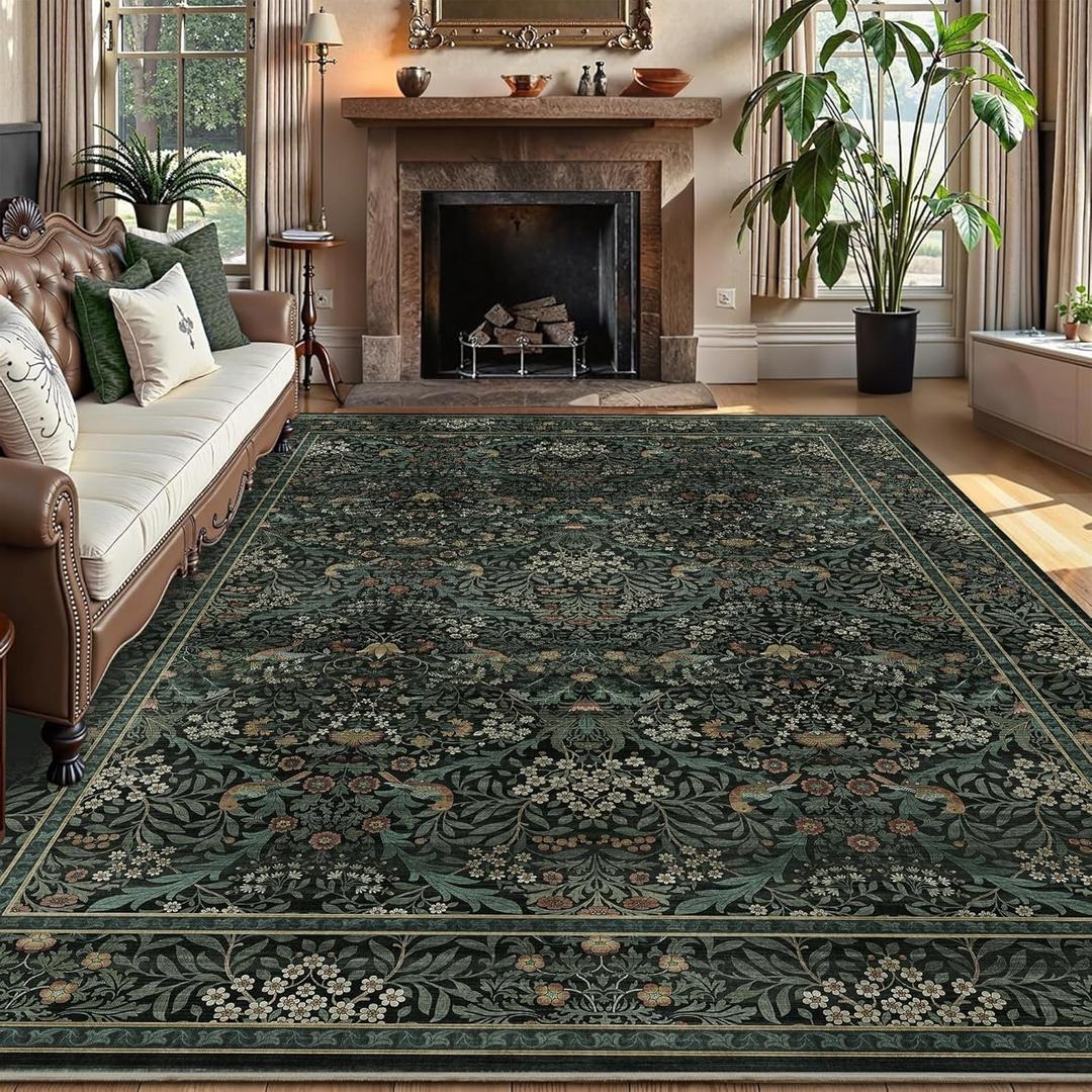 6x9 Floral Washable Area Rug for Living Room, Vintage Boho Large Rug for Bedroom Dining Room Distressed Botanical Birds Non Slip Low Pile Forest Animal Throw Carpet for Farmhouse Office, Dark Green