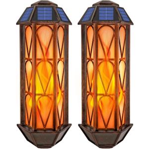 Solar Flame Wall Sconce Lights Outdoor, 74 LED Flickering Flame Sconces, Solar Powered Auto On/Off, Waterproof Wall Lanterns for House Garage Doorway Garden Porch Patio Yard Decoration (2 Pack)