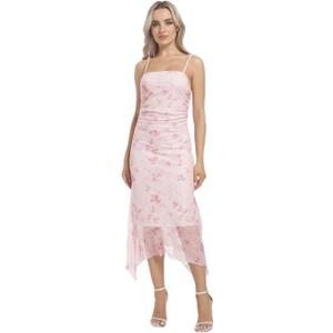 Women's Summer Floral Sheer Mesh Long Cami Dress Midi Sleeveless Spaghetti Strap Bodycon Beach Sundress (Pink)