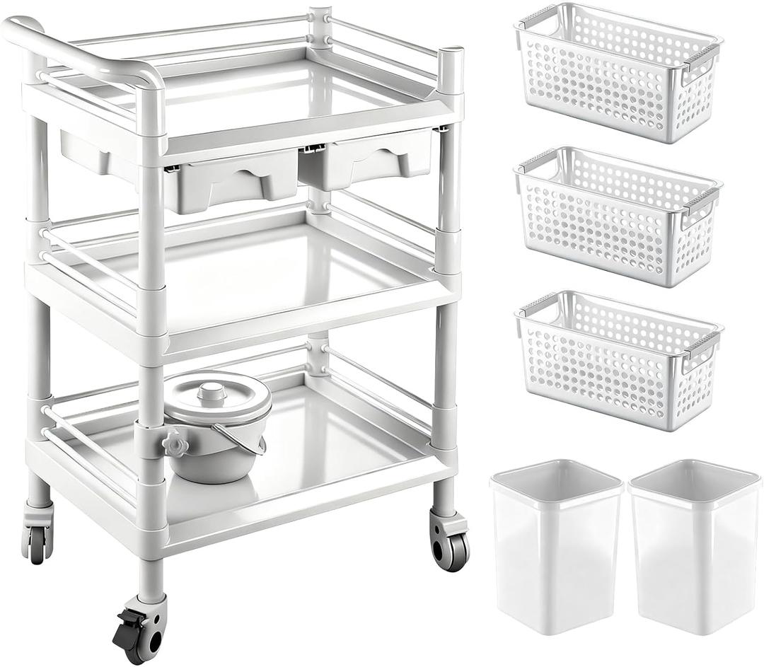 3-Tier Medical Rolling Cart with Drawers & Accessories, 330 lbs Capacity Mobile Utility Cart for Hospital, Clinic & Home, Crash Cart, Ultrasound & Procedure Trolley