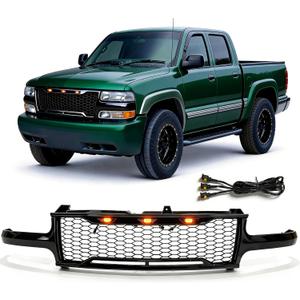 Front Grille Grill Compatible With 1999 2000 2001 2002 Chevy Silverado 1500 Glossy Black Mesh Grille w/LED Lamps Pickup Truck Insert Grills Front Hood Bumper