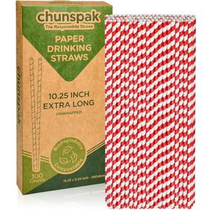 Extra Long Paper Straws 10 Inch - Biodegradable Disposable Long Drinking Straws - Red/White Striped, 100