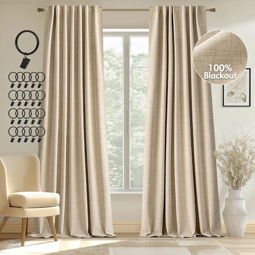 MIULEE 100% Blackout Curtains 96 inches Long, Linen Curtains & Drapes for Bedroom Living Room Back Tab Black Out Window Treatments Thermal Insulated Room Darkening Rod Pocket, Oatmeal Beige, 2 Panels