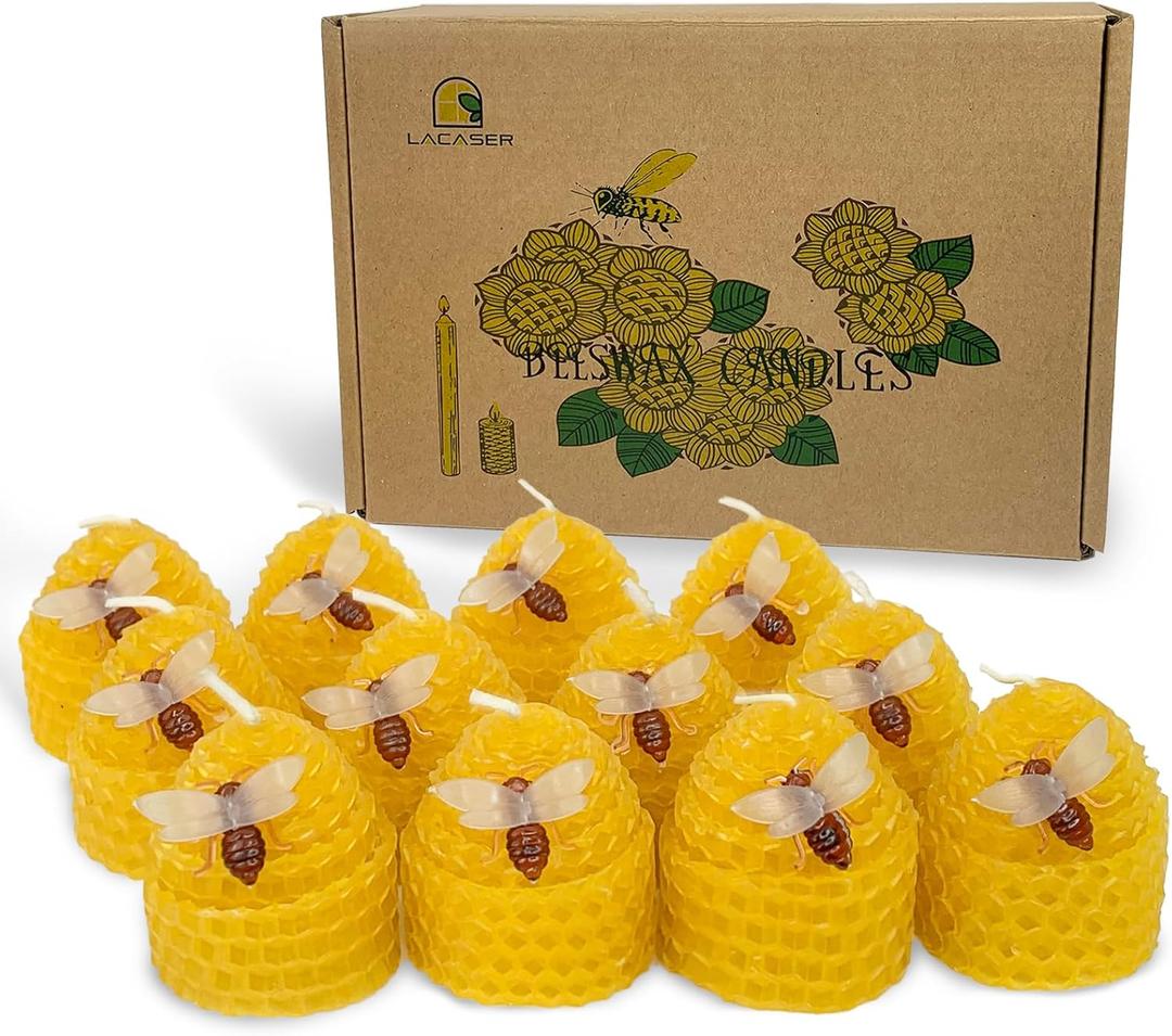 Lacaser Beeswax Candles Bulk Set of 12, Bee Candles with Little Bee Ornament Decors, Bee Themed Gift,Unscented&Smokeless &Dripless, Dia 1.77" x1.97" Each, Yellow (Yellow)