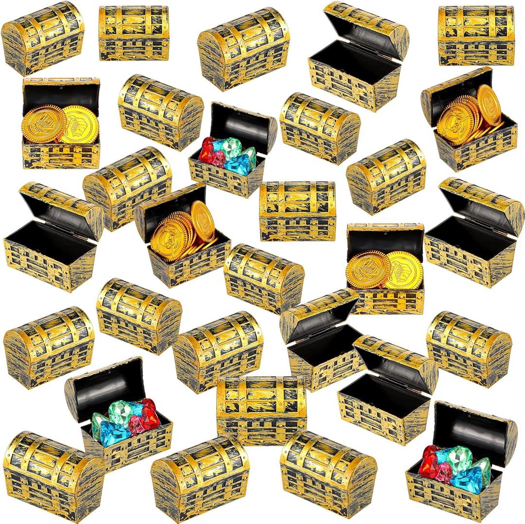 32 Pieces Mini Pirate Treasure Chests 2.3 Inch Plastic Treasure Chests with a Gold Finish Vintage Pirate Jewelry Box for Halloween Birthday Christmas Party Favors Trinkets Supplies for Boys Girls