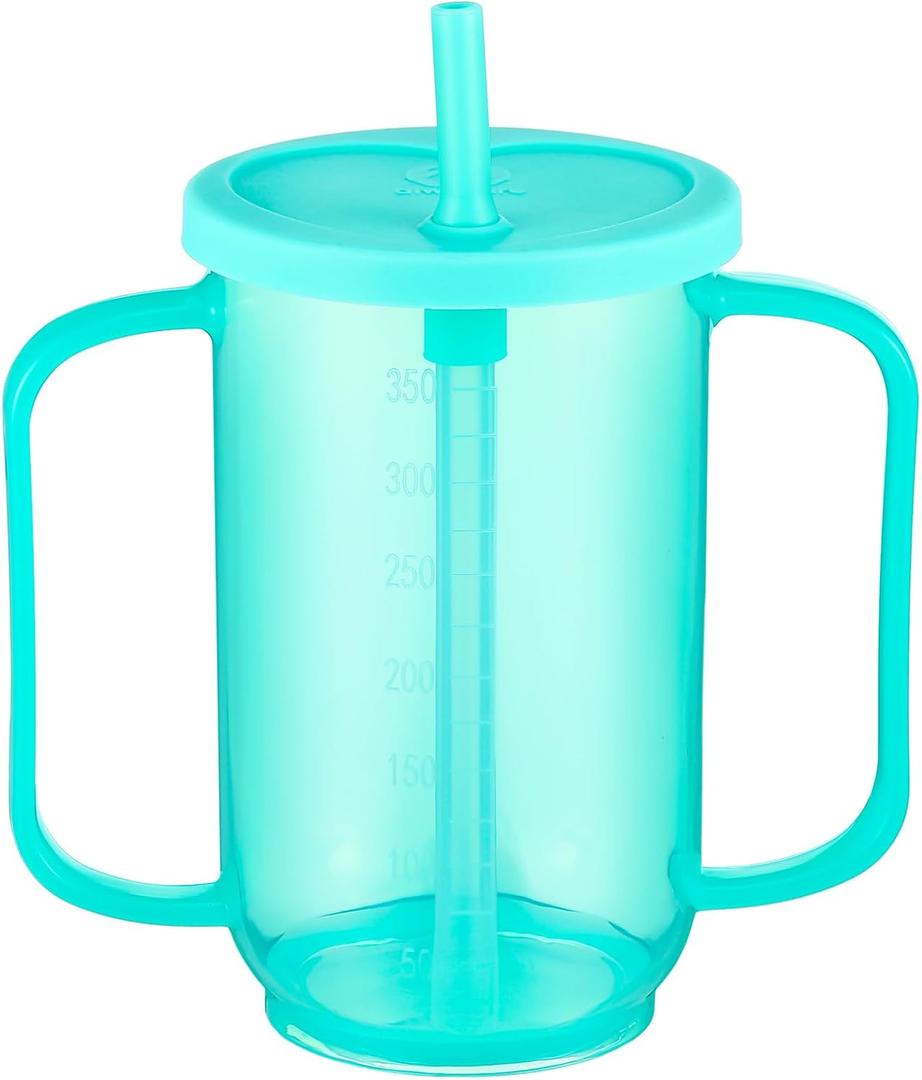 Sliner Adult Sippy Cups for Elderly 12 oz Straw Sippy Cups with 2 Handles No Spill for Adults Spill Proof Dysphagia Cup for Disabled Patients(Turquoise)