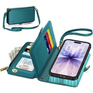 TUCCH Detachable Crossbody Wallet Case for iPhone 17 (6.3"), 9 Card Holders RFID Blocking | Lanyard | Wrist Strap | Wireless Charging | Zipper Pocket | PU Leather | Kickstand Flip Cover | Bluish Green