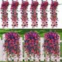 Suncalla 6 Pcs Artificial Fake Hanging Flowers Plants for Outdoor Decoration Red Purple Faux Silk Morning Glory Long Vines Stems UV Resistant Look Real for Spring Summer Outside Home Porch Patio