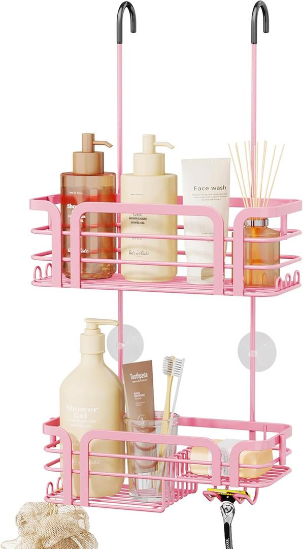 SWTYMIKI Shower Caddy Hanging Organizer - Over the Door Shower Caddy with Soap Holder, 11 Hooks, 2 Installation Ways, Stainless Steel Rustproof Bathroom Organizer, Pink