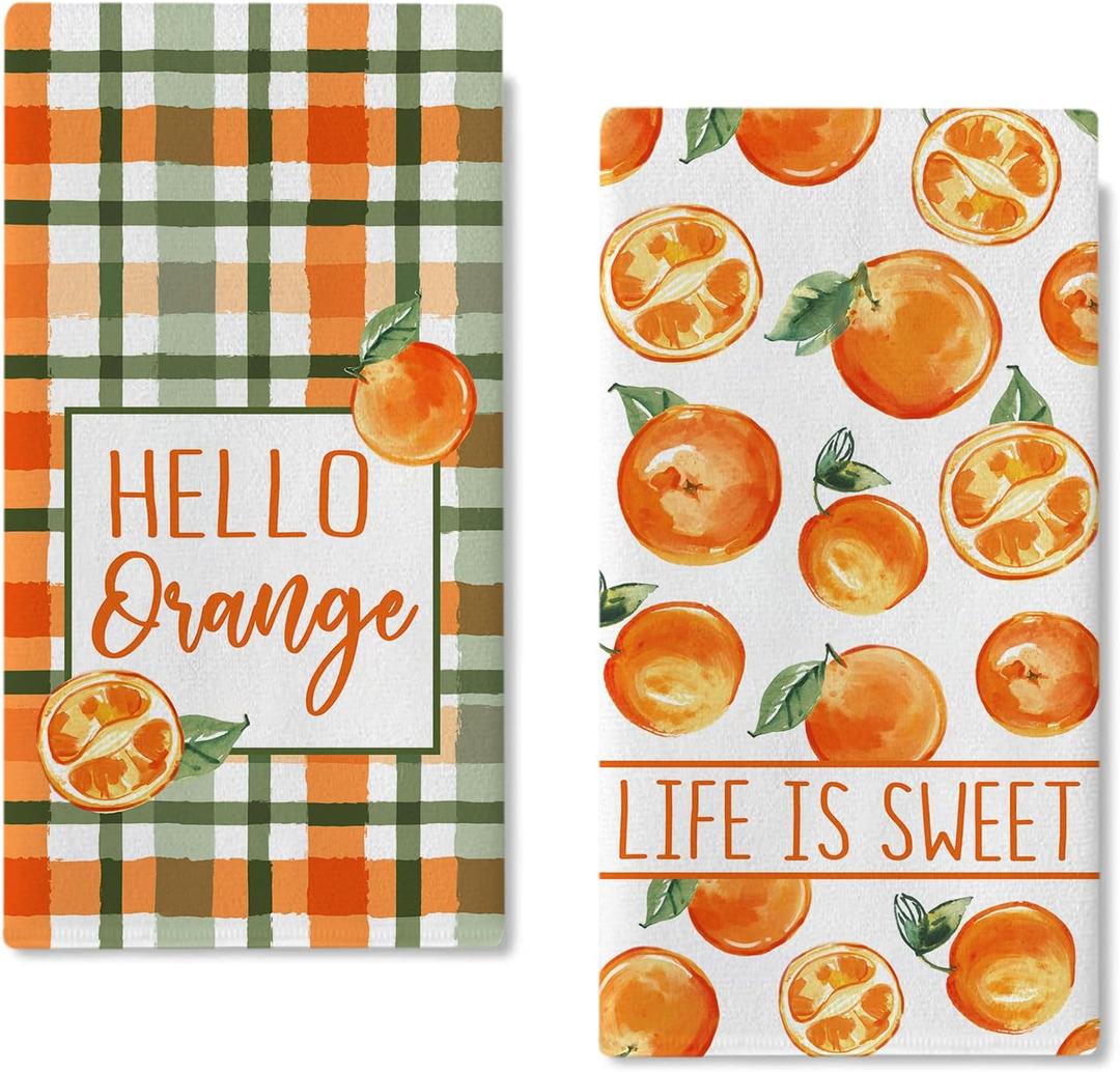 Seliem Hello Orange Spring Summer Kitchen Dish Towels Set of 2, Life is Sweet Tangerine Citrus Fruit Hand Towels Drying Baking Cooking Cloth, Plaid Check Farmhouse Home Kitchen Decor 18 x 26 Inches