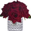 Fule Artificial Silk Rose Flower Centerpiece Arrangement in Glass Vase with LED Light for Home Wedding Decoration (Burgundy)