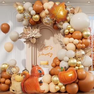 Fall Thanksgiving Balloon Arch Kit with Burnt Orange White Sand Nude Gold Confetti Squirrel Maple Leaf Pumpkin Foil Balloons for Fall Baby Shower Birthday Thanksgiving Autumn Harvest Party Decorations