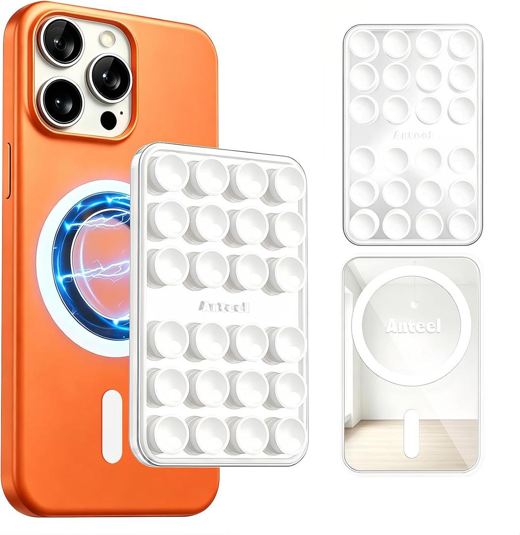Anteel Magnetic Suction Cup Phone Case Mount with Built-in Mirror, Magnetic Back with Additional Mirror Effect, Thickened and Enhanced Suction Power Sticky Phone Grip, 2.56" x 3.94" (White)