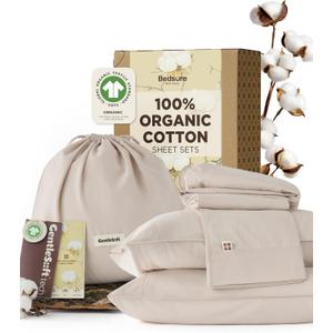 Bedsure 100% Organic Cotton Sheets, GOTS Certified Queen Sheet Set, 17" Deep Pocket Bedsheets with Corner Straps, Eco-Friendly, Soft, Breathable & Luxury PureWoven Cotton Hotel Bedding, 4PCS, Linen