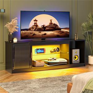 Bestier Fluted TV Stand for 65 Inch TV, Gaming LED Entertainment Center with Cabinet for PS5 Xbox, High Gloss TV Console for Living Room, Adjustable Glass Shelves, 57 Inch Bright Black