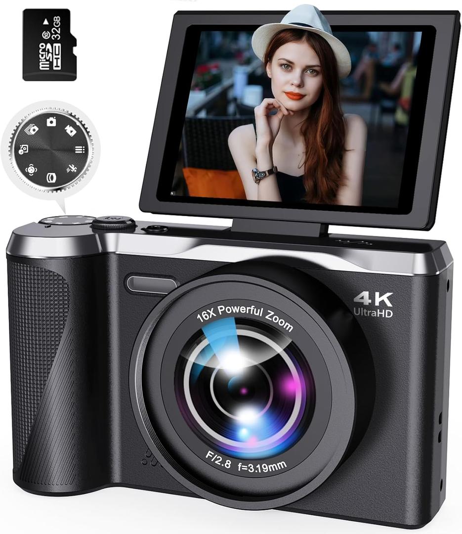 Digital Camera 4K for Photography and Video, 56MP Autofocus Vlogging Camera for YouTube, 3" 180 Flip Screen & 16X Digital Zoom, Compact Travel Cameras with 32GB SD Card for Beginners & Adults (Black)