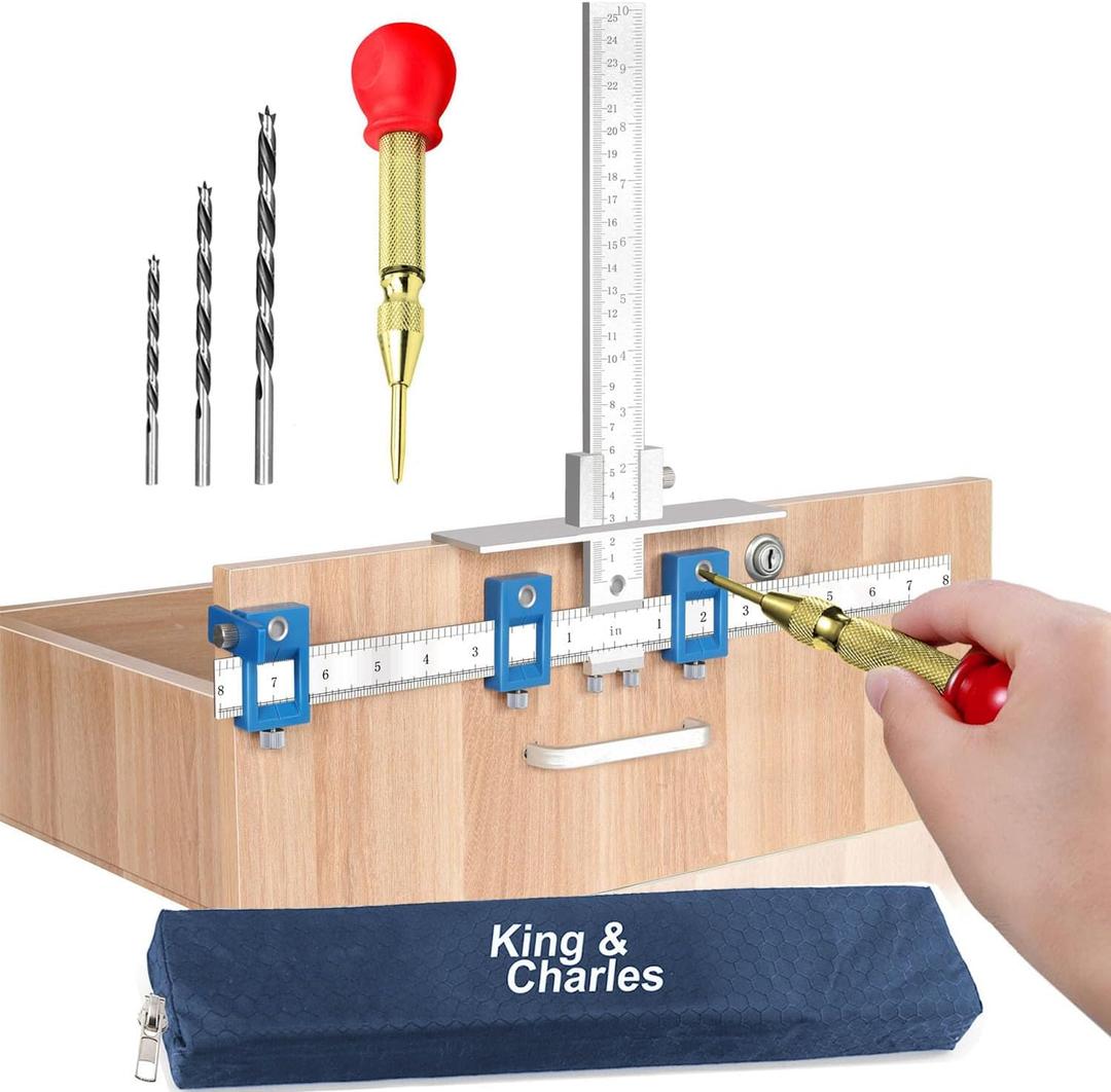 King&Charles Cabinet Hardware Jig, Metal Cabinet Handle Jig + Auto Hole Punch + Point Drill Bits, Use for Handles Knobs Pulls on Drawers/Doors, Wood Drilling Dowelling Guide Set.