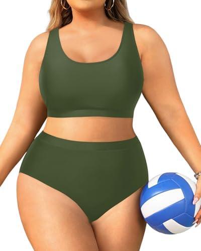 Daci Plus Size Two Piece High Waisted Bikini Set Sport Scoop Neck Swimsuit Full Coverage Bathing Suit Green 12 Plus